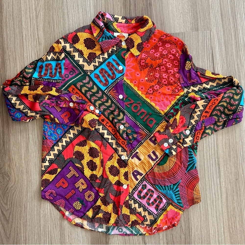 Farm Rio Dotted Patch Scarf Shirt Multicolor Tropical Button Down Blouse Size M - Picture 13 of 13